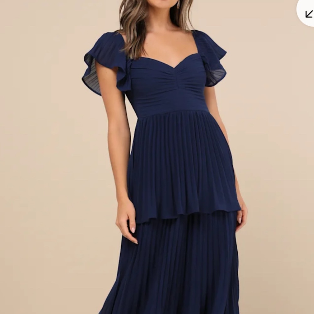 LULUS Notorious Charm Navy Blue Pleated Flutter Sleeve Maxi Dress